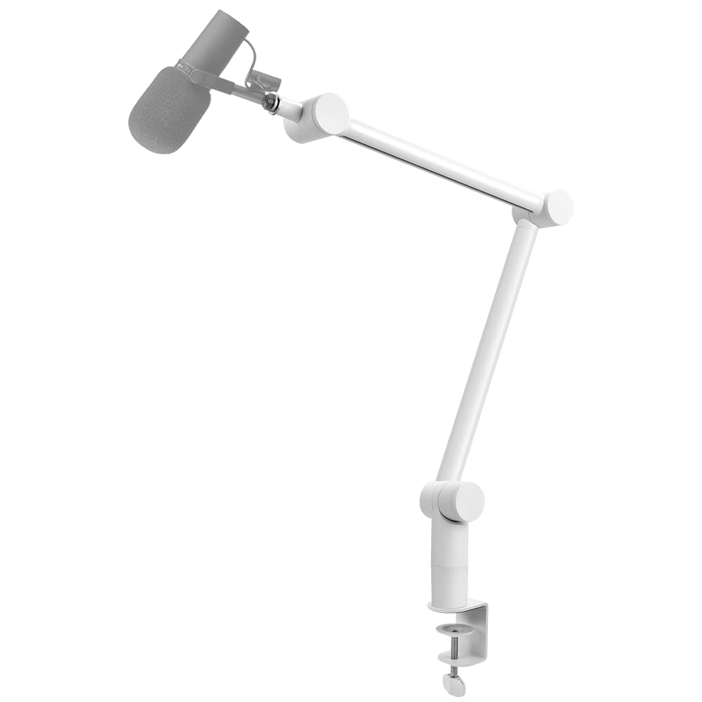 BOMGE Boom Arm Mic Stand - Adjustable Heavy Duty Suspension Boom Scissor Arm Stand with Cable Management Channels, Desk Clamp for Podcasts, Streaming, Gaming, Home Office, Recording (White)