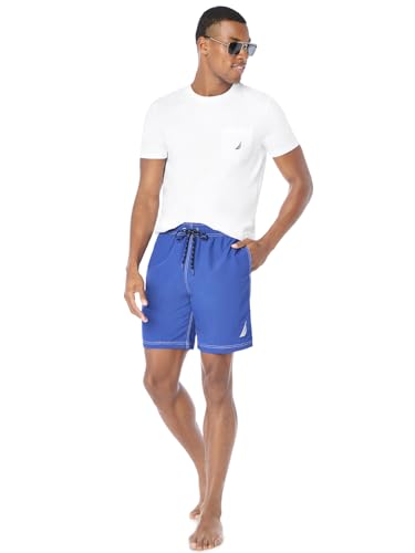 Nautica Men's Standard Solid Quick Dry Classic Logo Swim-Trunk, Bright Cobalt, Large
