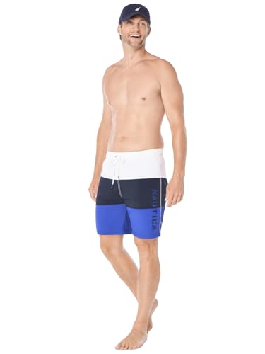 Nautica Men's Standard Quick Dry Classic Logo Tri-Block Series Swim Trunk, Bright Cobalt, Large