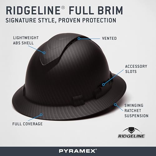 Pyramex Ridgeline Full Brim Hard Hat 4 Point Ratchet Vented Matte Black Graphite Pattern