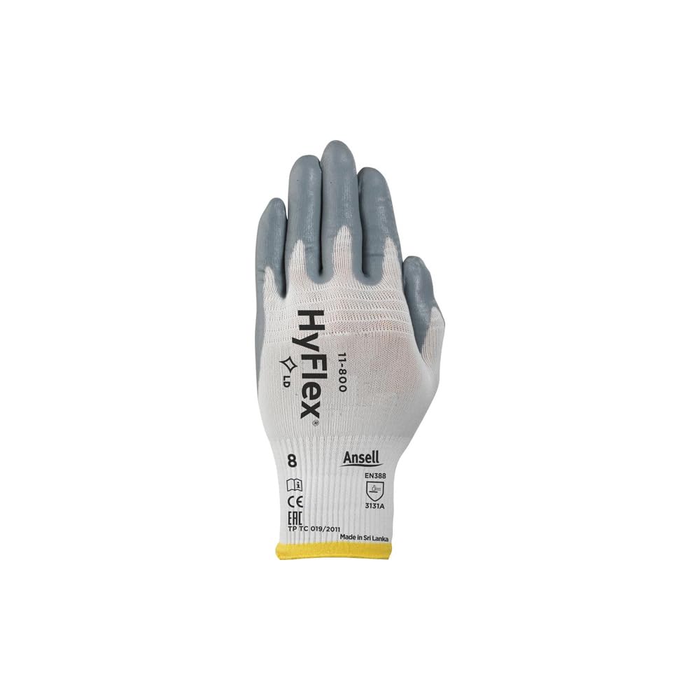 Ansell 11-800-10 Hyflex Foam Nitrile Palm Coated Knit Assembly Gloves, Nylon & Nitrile, Size 10, White & Grey (Pack of 12)