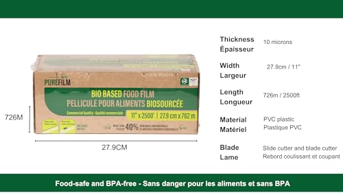 PUREFILM 11in x2500ft Bio Based Food Film, Food Wrap with Blade and Slide Cutter