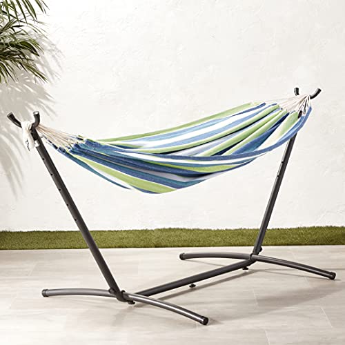 Amazon Basics Double Hammock with 9-Foot Space Saving Steel Stand and Carrying Case, Oasis Blue Stripe