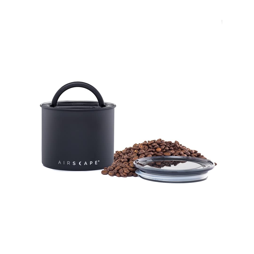 Airscape Stainless Steel Coffee Canister | Food Storage Container | Patented Airtight Lid | Push Out Excess Air Preserve Food Freshness (Matte Black, Small)