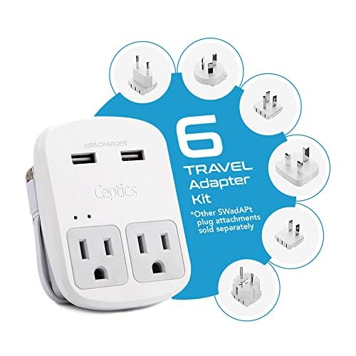 Ceptics Universal Travel Adapter kit, Dual USB (QC 3.0) + 2 US outlets + USB-C Cable, Use with Chargers, Cell Phones, Laptops, 6 Plug attachments for Worldwide use (Does Not Convert Voltage) (WPS-2B)