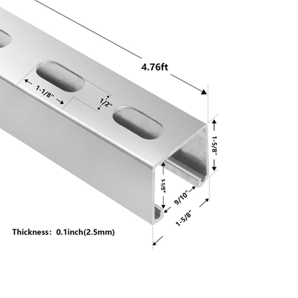 Unistrut Channel Trolley Track,4.75 Feet Length Strut Channel Trolley Track 1-5/8" Wide and high 12 Gauge Metal Steel U Channel with Thick Galvanized Steel Strip Groove Back. (Silver-1)