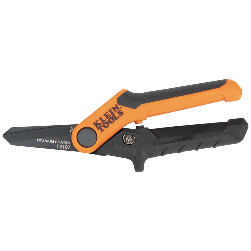 Klein Tools T2107 Titanium Coated Utility Scissors, Compact, Stainless Steel Shears, Serrated Blades, Cuts Heavy-Duty Materials, 7-Inch