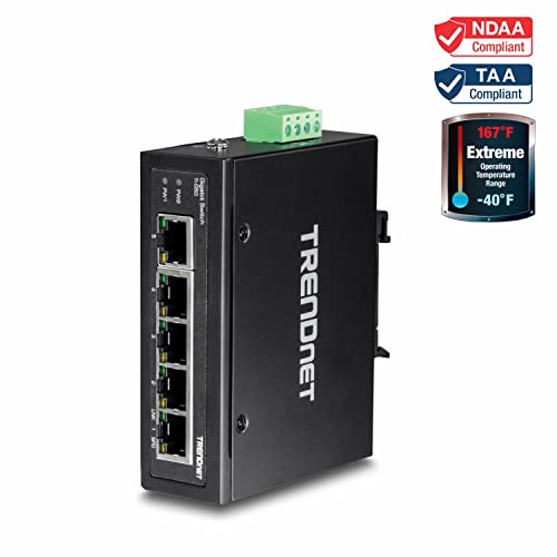 TRENDnet 5-Port Hardened Industrial Gigabit DIN-Rail Switch, 10 Gbps Switching Capacity, IP30 Rated Network Switch (-40 to 167 ºF), DIN-Rail & Wall Mounts Included, Lifetime Protection, Black, TI-G50