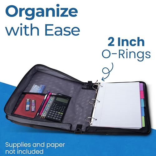 Case-it Universal Zipper Binder | 2-Inch O-Rings, 13-Inch Laptop/Tablet Padded Pocket, 400 Sheet Capacity, Multiple Storage Pockets & Shoulder Strap | School & Office Organizer | LT-007 Jet Black