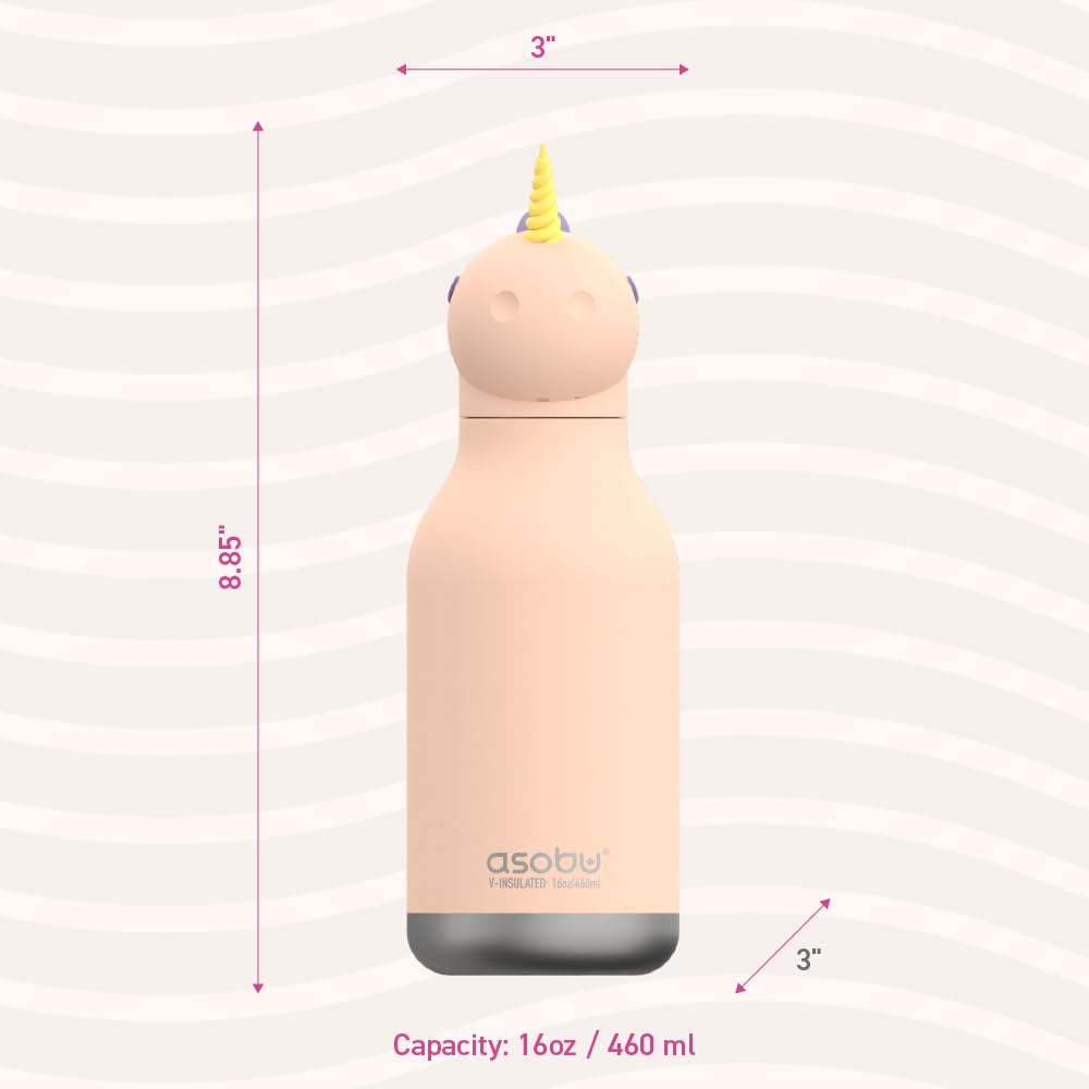 asobu Bestie Bottle Insulated Stainless Steel Water Bottle with Detachable Soft Animal Head Fun Drinking For Kids and Teens with Flexible Reusable Straw 16 Ounce (Unicorn)