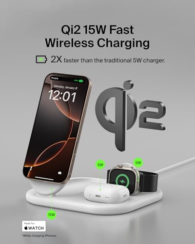 Belkin 3-in-1 MagSafe-Compatible iPhone Charger 15W, Foldable Magnetic Qi2-Certified Wireless Charging Station for iPhone 17, Apple Watch Series 10, AirPods 4, and More, w/Non-Slip Base & PSU - White