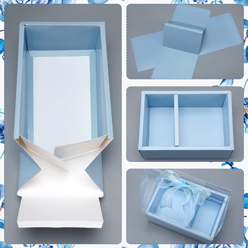 Honeydak 10 Kit 4 Inch Cake and Flower Clear Boxes, Portable Clear Gift Box for Cake and Flower Pack Together, Transparent Gift Packaging with Ribbon, Suitable Wedding Holiday Party Favors(Blue)