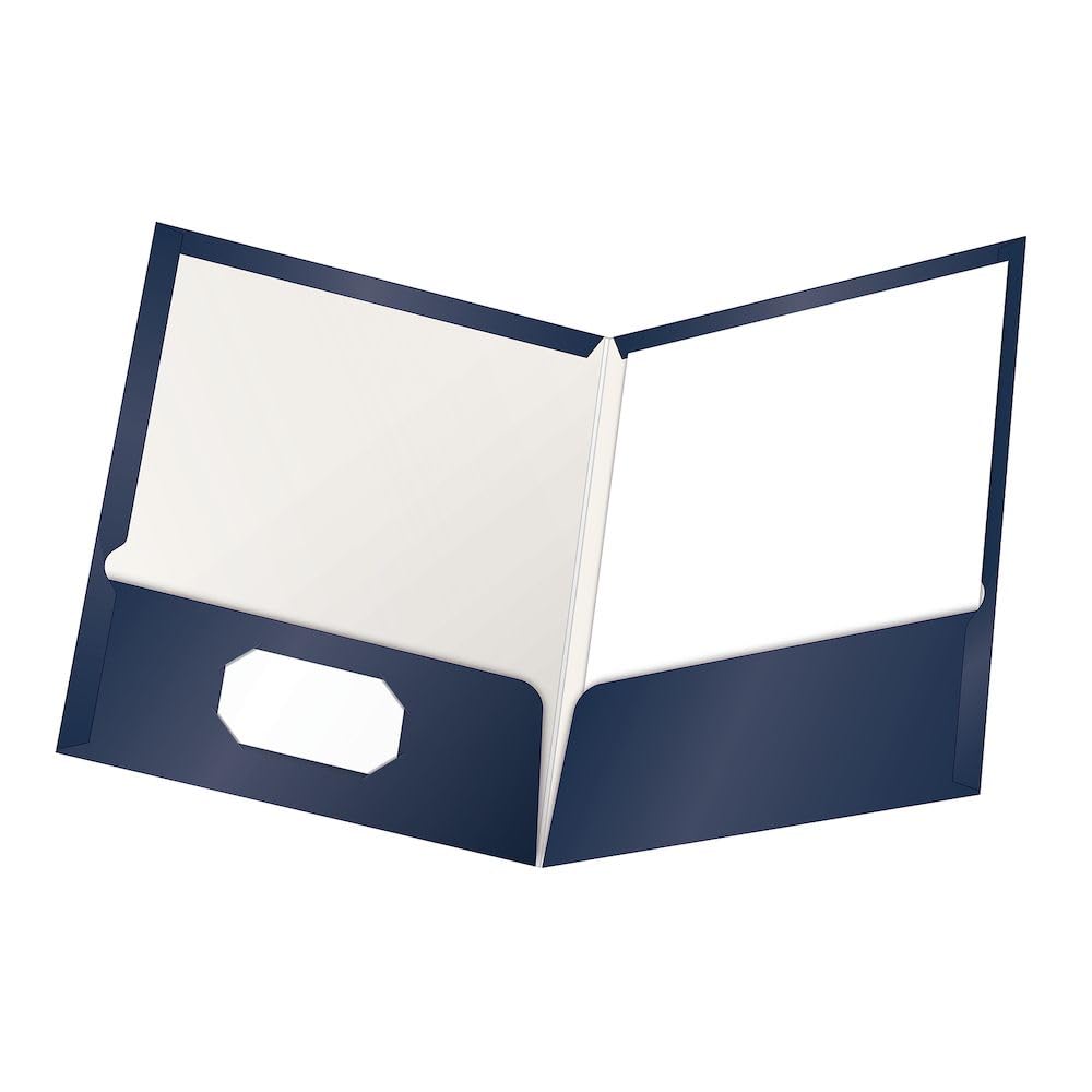 Oxford Pocket Folders Laminated Twin, High-Gloss Navy, Letter Size, 100-Sheet Capacity Per Folder, Die-Cut Business Card Holder, Durable Professional Finish, 25-Pack for School, Office or Home