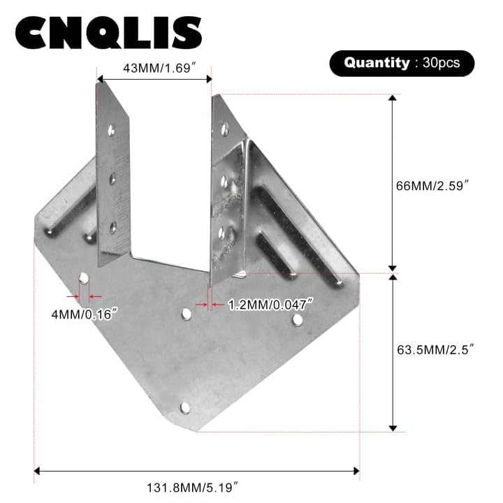 CNQLIS 18-Gauge Hurricane Ties,Heavy Duty Electrogalvanizing Joist Hangers,1.2mm Fit 2X Truss to Rafter Connector, for Roofing Trusses Wood Timber Connectors,Thickness 1.2mm(30 Pcs)
