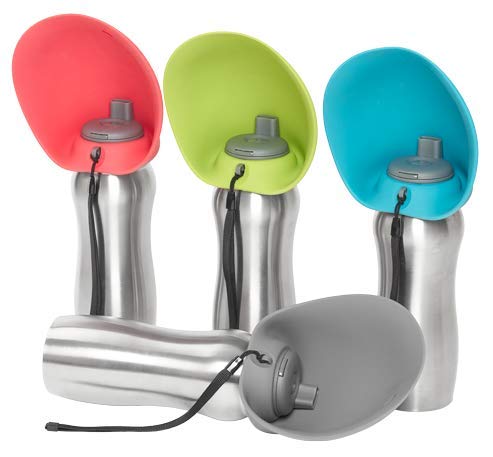 Messy Mutts Stainless Steel Travel Water Bottle with Silicone Flip Up Bowl | Pet Travel Necessity | Camping, Hiking, Walking Accessory | 24 oz / 700mL | Watermelon