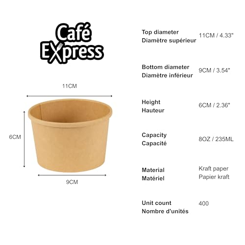 Café Express 8 oz Brown Kraft Paper Soup Bowls, 400 Count (8 x 50) – Disposable Takeout Containers, Microwaveable, Leak & Grease Resistant, for Hot & Cold Foods