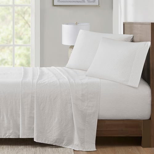 Madison Park 100% Cotton Sheets, Breathable & Soft Cotton Bed Sheets, Printed Design, Elastic Pocket Cotton Sheet Set Fits Up to 17" Mattress, All Season, Queen Gray Stripes 4 Piece