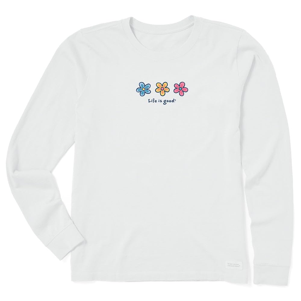 Life is Good. Women's Long Sleeve Crusher Tee Three Daisies, Cloud White, Cloud White, X-Large
