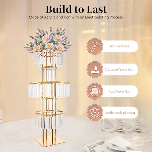 43.3" Tall Gold Flower Stand for Wedding Centerpieces – 5-Tier Clear Acrylic & Metal Centerpiece Stand with Crystal Style Design, 11.8" Base, Perfect for Wedding Tables, Floor Décor & Reception Events