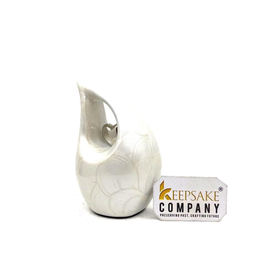 White Tear Drop Small/Mini Urn for Human Ashes With Silver Heart (3 Inch Height) - Unique Decorative Keepsake Cremation Urn for Small Pets - ERN