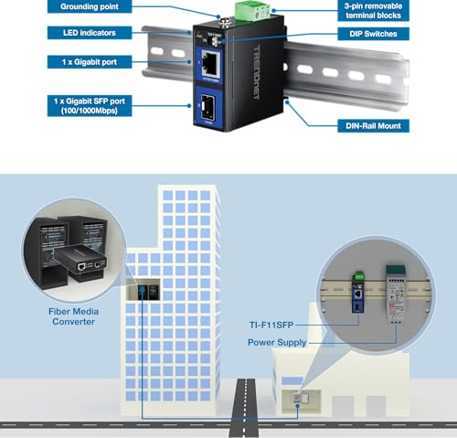 TRENDnet Hardened Industrial 100/1000 Base-T to SFP Media Converter, DIN-Rail and Wall Mount Hardware Included, Multi Or Single Mode Fiber, Power Supply Sold Separately, Black, TI-F11SFP