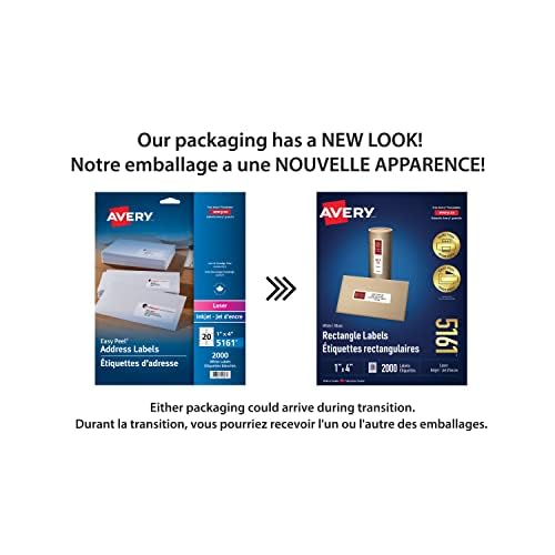 Avery White Rectangle Labels, 1" X 4" Rectangle Label with Easy Peel for Laser/Inkjet Printers, Shipping/Addressing, Permanent Labels, Printable Blank 2000 Labels, (5161) Made in Canada