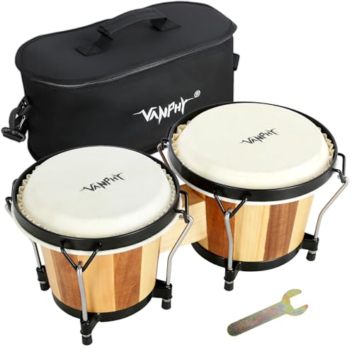 VANPHY Bongo Drum 6'' and 7'' Set for Adults Beginners Professionals Wooden Shell Bongos Percussion Bongos Drum with Bag Tuning Wrench(Stripe)