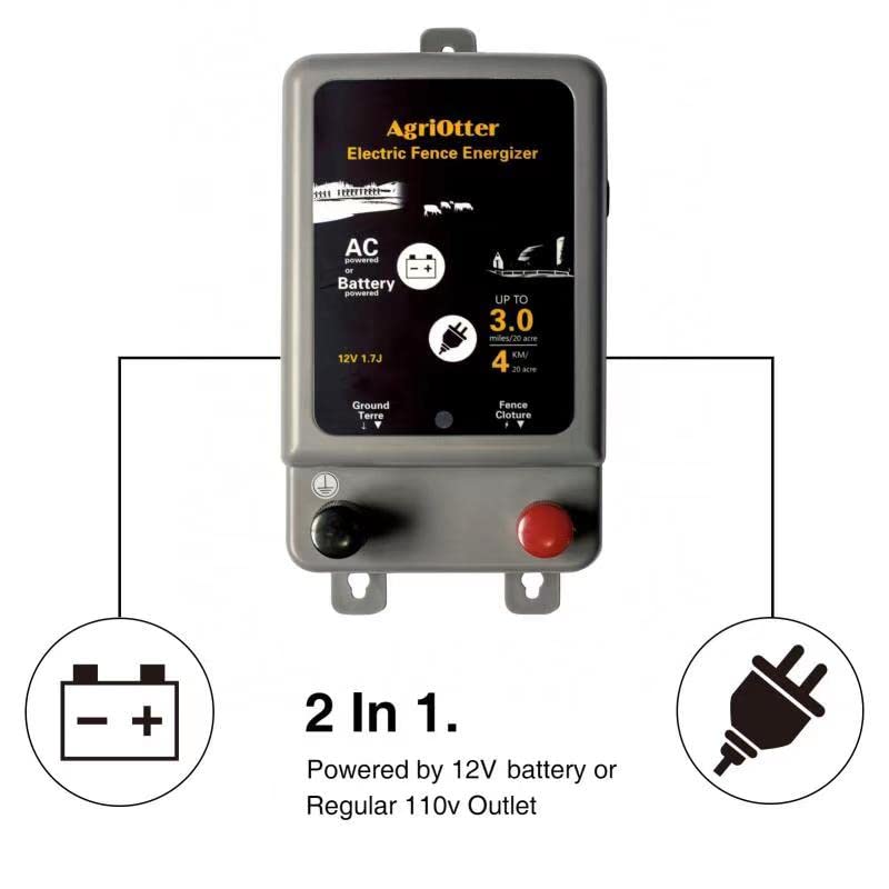 AgriOtter Electric Fence Energizer 15 Acre 2 in 1 Powered by Battery or AC Outlet 8000V 1.75J Pulse Electric