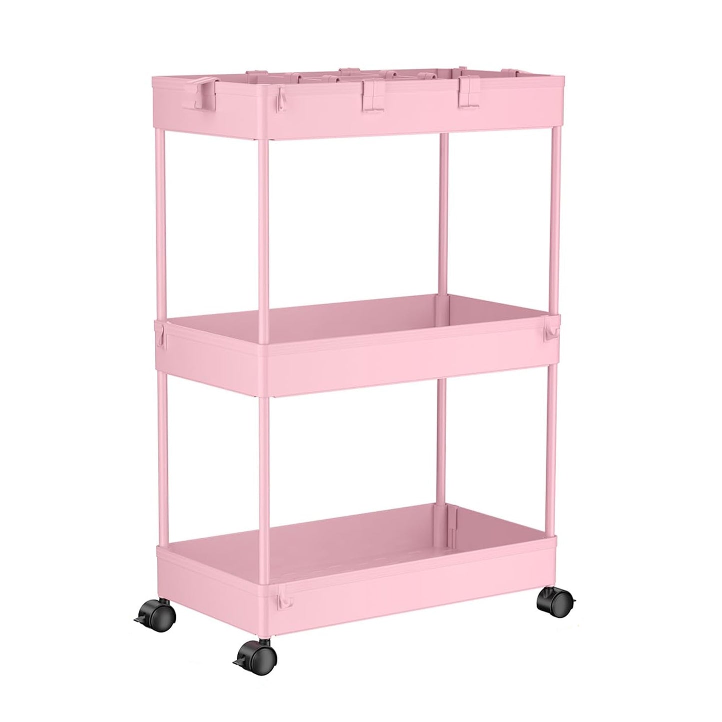 SPACELEAD Slim Storage Cart,3 Tier Bathroom Rolling Organizer Slide Out Mobile Shelving Unit Trolley for Office Kitchen Laundry Room Narrow Places, Pink