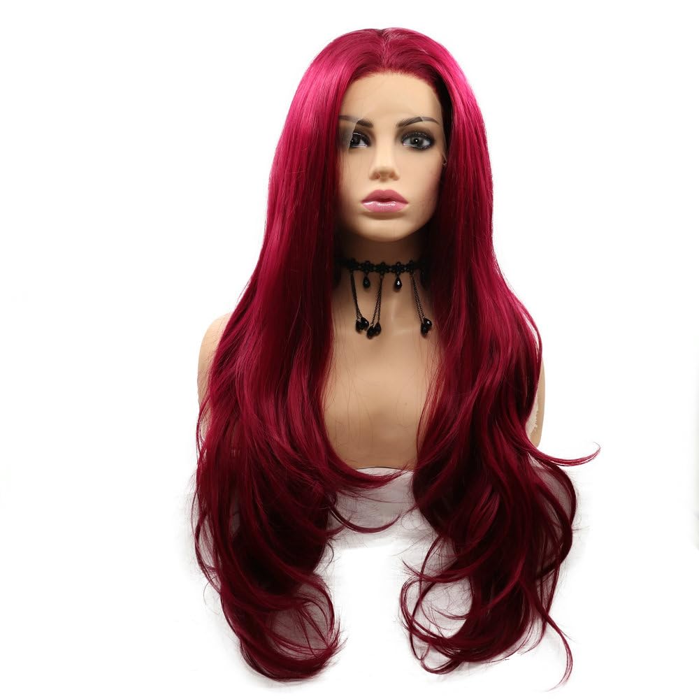 SERENEWIG Female Dark Red Synthetic Lace Front Wigs for Women Cosplay Party Replacement Drag Queen Mermaid Red Real Natural Color Long Wavy Hair Synthetic Full Glueless Wig 24"