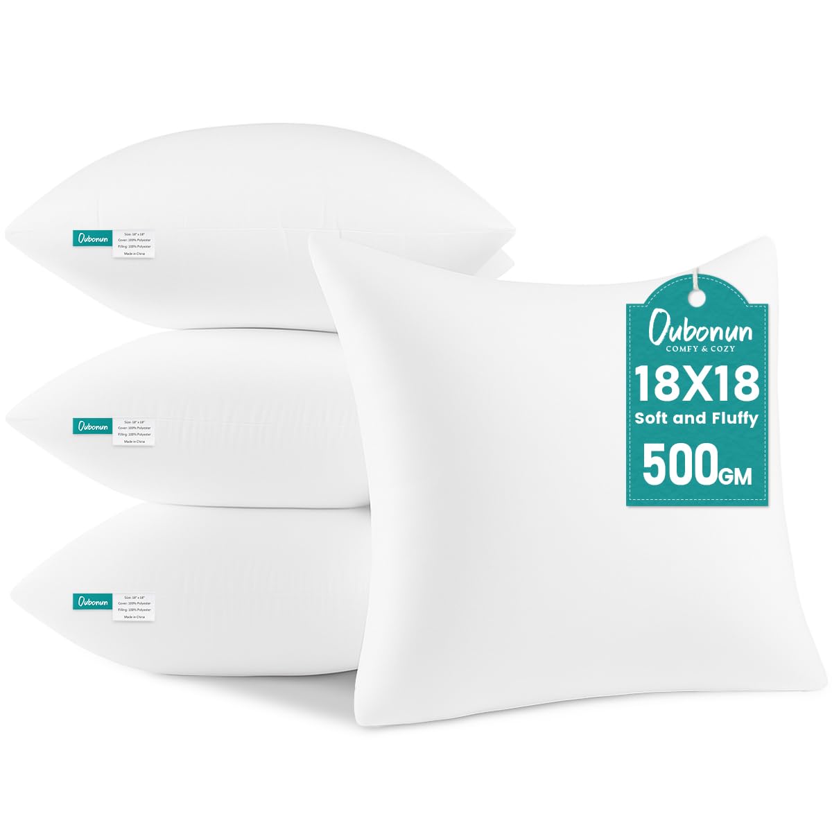 Oubonun 18 x 18 Throw Pillow Inserts - Soft, Plush & Decorative Down Alternative Pillows for Couch Sofa Bed, Machine Washable - White, Pack of 4