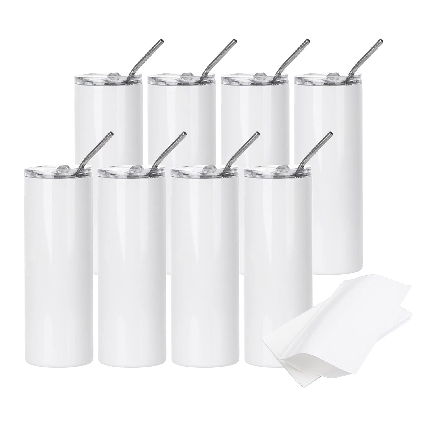 PYD Life 8 Pack Sublimation Tumblers Blanks 20 OZ Skinny White Straight Stainless Steel Tumbler with 10 PCS Shrink Wrap Film for Tumbler Press Machine Sublimation Oven Printing