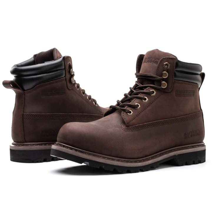 SAFETY LOONG Men's Work Boots Soft Toe Rubber Sole Slip Resistant Full Grain Nubuck Leather Waterproof Comfortable Construction Boots 11