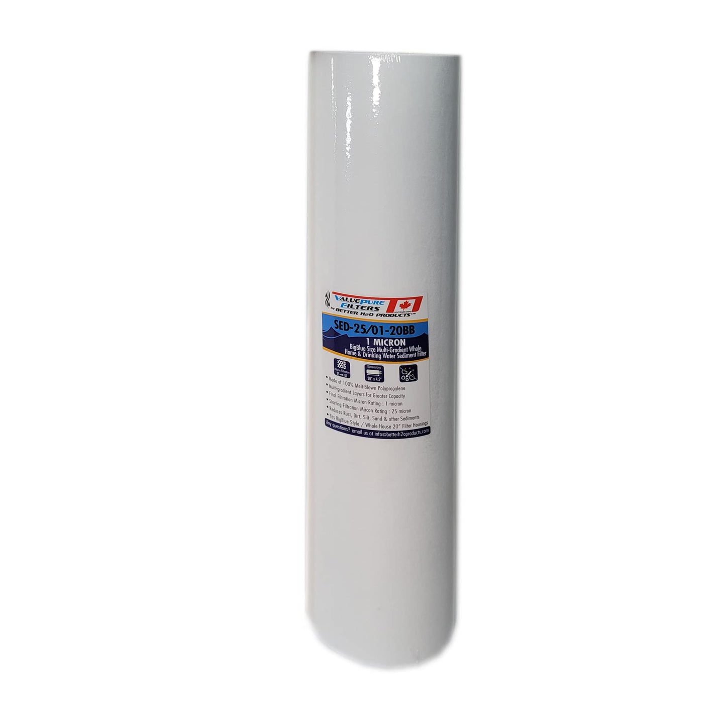 Better H2O Products Inc. 2-Pack 1 Micron Multi-Gradient Sediment Filter, 20" x 4.5", Whole House Sediment Filtration, Fits Big Blue Style Housing, Pack of 2 Filters