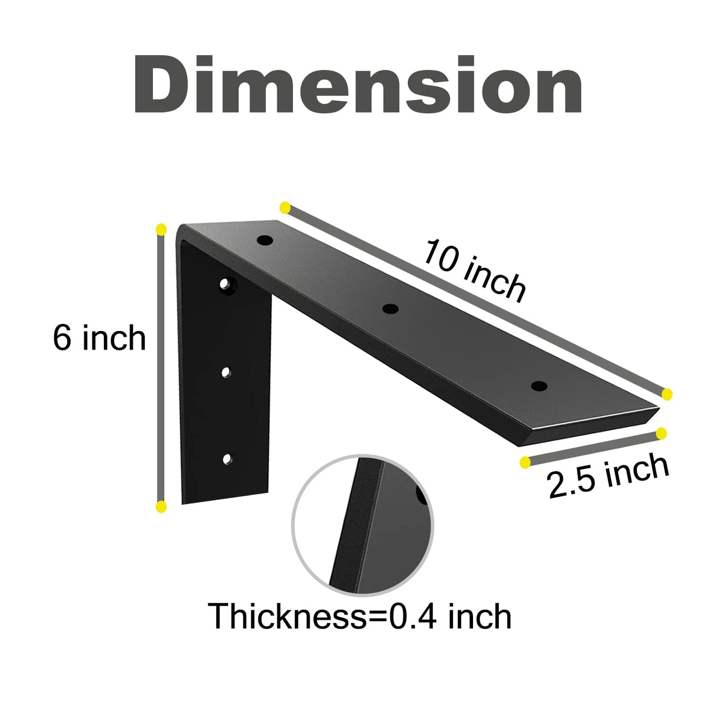 WINKER Countertop Support Bracket 2 Pack Heavy Duty 3/8" Thick Hidden L Shelf Bracket 10" x 6" x 2.5" Metal Corbels for Quartz/Granite/Wood/Concrete/Laminate Countertops, Black