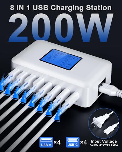 200W USB Charging Station, Sanicata 8 Port USB Charger Hub GaN Desktop Fast Charger for Multiple Devices, LCD Display Multi USB C Block for MacBook iPhone 16 15 14 13 Pixel Samsung Galaxy iPad