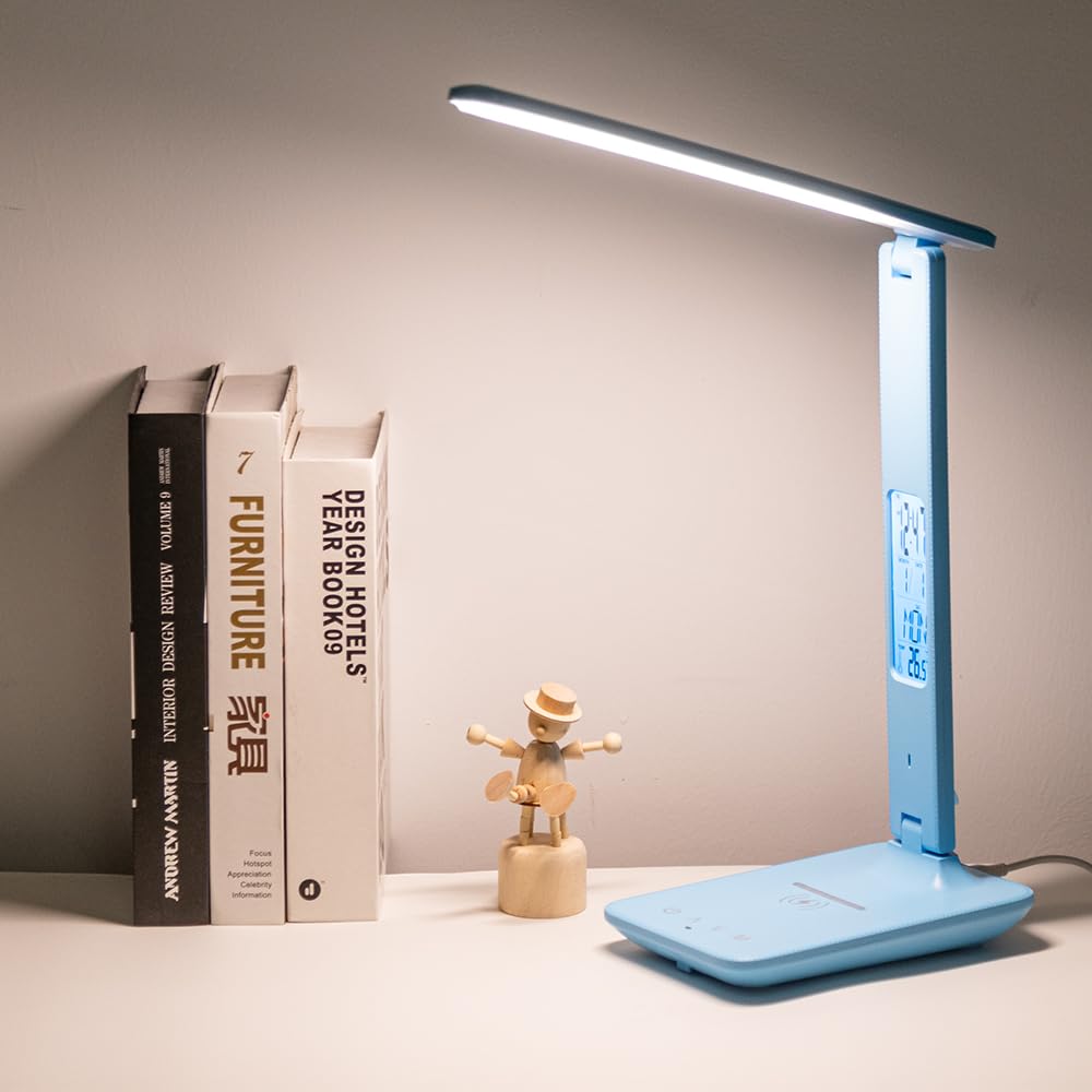 wanjiaone Multifunctional LED Desk Lamp with Wireless Charger,USB Charging Port,Clock,Phone Holder,Desk Lamps for Home Office,Eye-Caring Reading Lamp,Study Lamp for Boys,Girls,Teens (Blue-tx26)