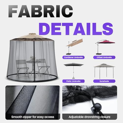 9-11 FT Umbrella Net for Outdoor Umbrella, Universal Patio Umbrella Mosquito Netting for Double-Sided Umbrella, Hanging Polyester Mesh Umbrella Screen for Patio Tables with Zipper, Black