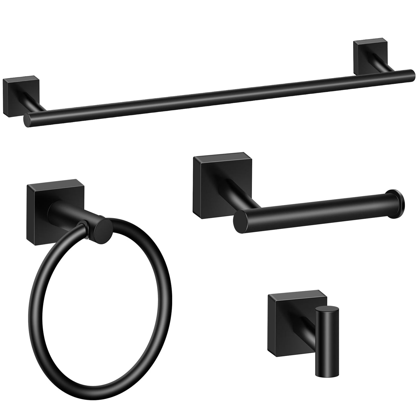 DEGULAS Bathroom Hardware Set 4 Pieces, Matte Black Stainless Steel Towel Bar Set, Includes 24In Towel Bar, Towel Ring, Robe Towel Hooks,Toilet Paper Holder, Wall Mounted Towel Rack Set