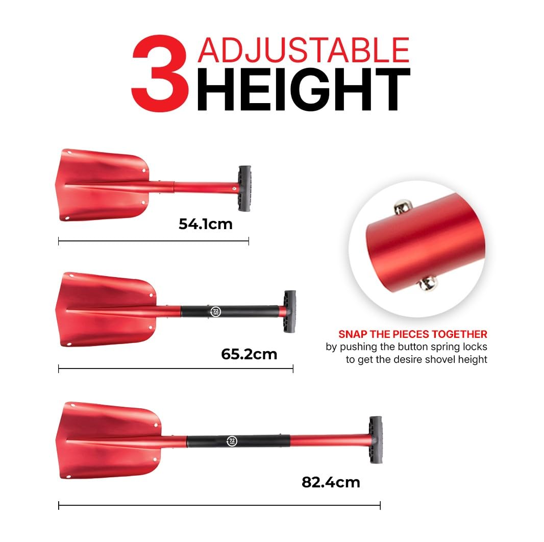 72HRS Collapsible 3-in-1 Aluminum Compact Snow Shovel - Snow Removal in Winter, Emergency Kit for Vehicle, Car, Van, SUV, Truck, Snowmobile, Snowboard Gear, Camping, Gardening (Red, 21”-32”)