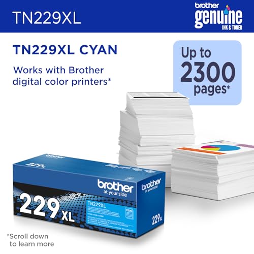 Brother Original TN229XLC High-Yield Cyan Toner Cartridge, Higher Yield for Value, Original Toner Replacement cartridges, for Brother Laser Printers HL-L3220CDW, HL-L3280CDW, MFC-L3720CDW, and More