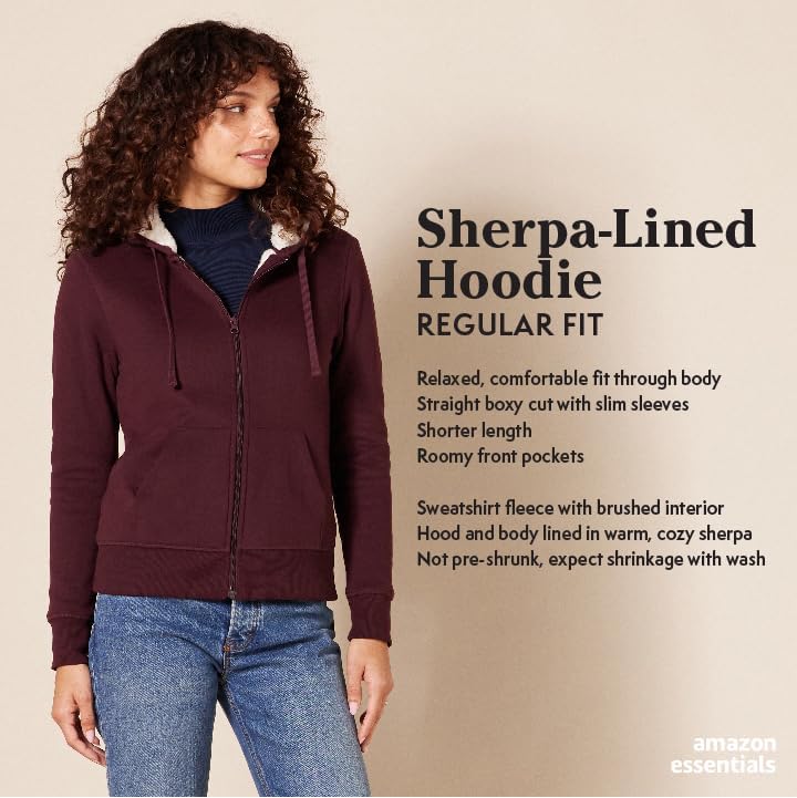 Amazon Essentials Women's Sherpa Lined Full-Zip Hoodie, Black, Medium
