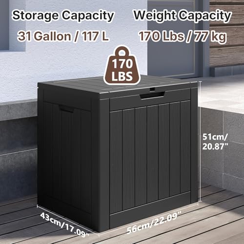 Ceecysaa Deck Box, 31 Gallon (117 L) Resin Outdoor Storage Box, Waterproof & Lockable Patio Storage for Cushions, Garden Tools & Pool Accessories, Weather-Resistan Durable Deck Box Outdoor, Black