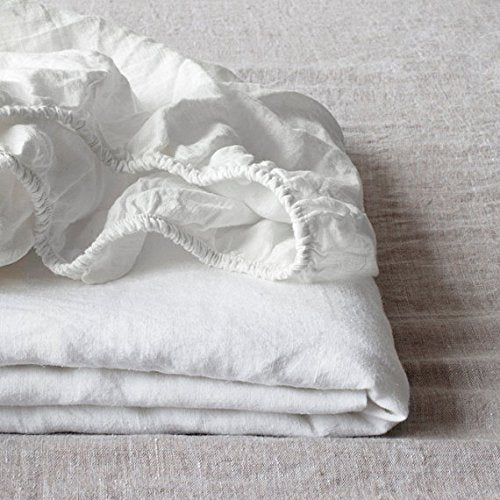 Simple&Opulence 100% French Linen Fitted Sheet Queen Size(1 Piece), 14 Inch Deep Pocket Mattress Cover Natural Flax Stone Washed Farmhouse Bedding Sheets Soft Breathable All Seasons-White