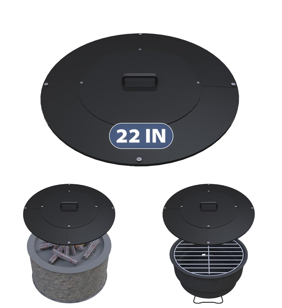 Ardier 22" Round Fire Pit Lid Fits for Bonfire Pits up to 20", Metal Cover with Handle, All-Weather Resistance Outdoor Firepit Accessory, Smokeless Fire Pit Cover for Fire Tables