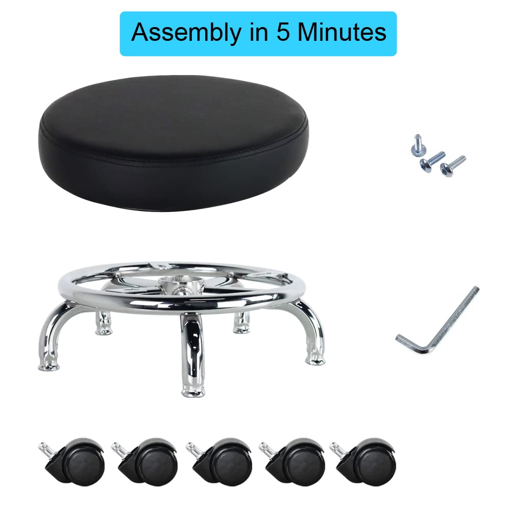 WKWKER Rolling Seat PU Leather Low Round Rolling Stool Small Stool with Universal Swivel Wheels for Home Office Garage Shop Fitness Sports, Height: 21.8 cm (Black)
