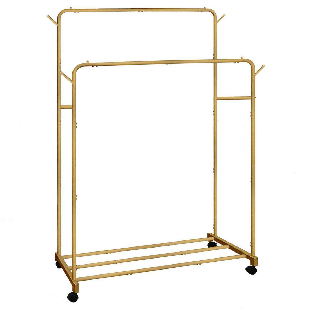 AT-VALY Double Rods Clothes Rack, Sturdy Metal Garment Rack with Wheels, Portable Wardrobe Rack with Bottom Shelf & Side Hooks, Heavy Duty Coat Hanger Stand for Bedroom, Laundry, Living Room,Gold