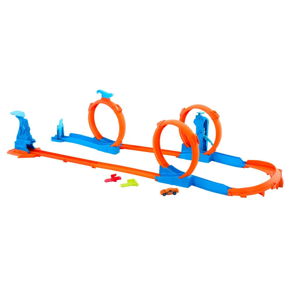 Hot Wheels Toy Car Track Set, Triple Loop Pack & 1:64 Scale Vehicle, Track-Building Components with 3 Loops, Speed Snap Tracks & Adapters