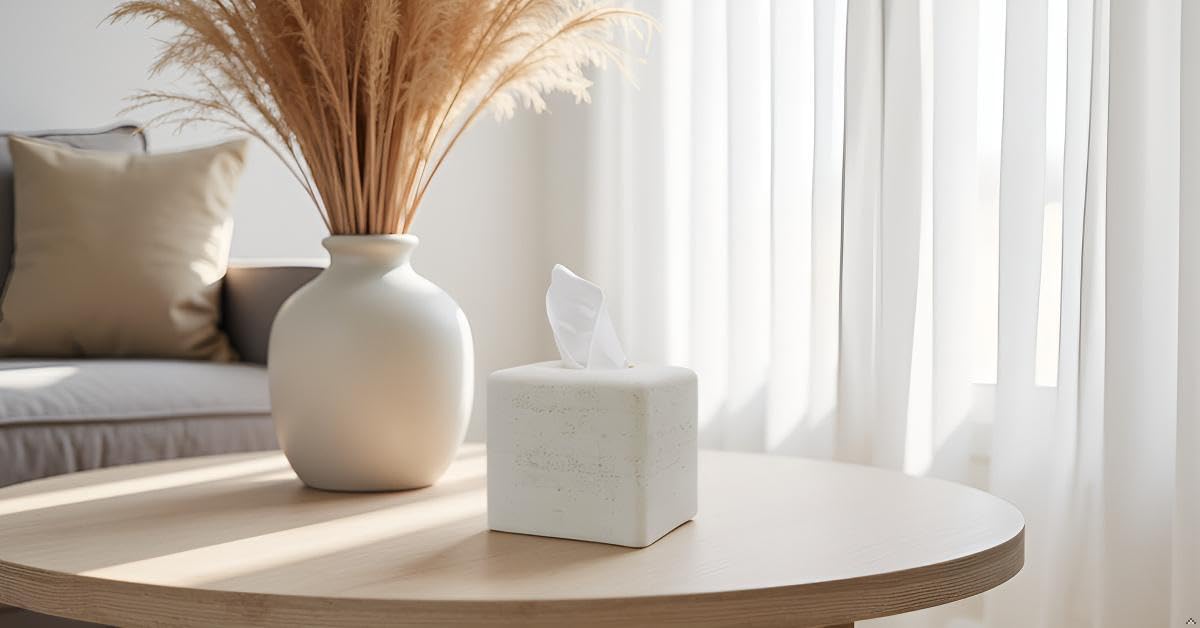 Huitony Travertine Square Tissue Box Cover Decorative Klenex Box Holder for Bathroom & Living Room with Handcrafted Texture (White Stone)