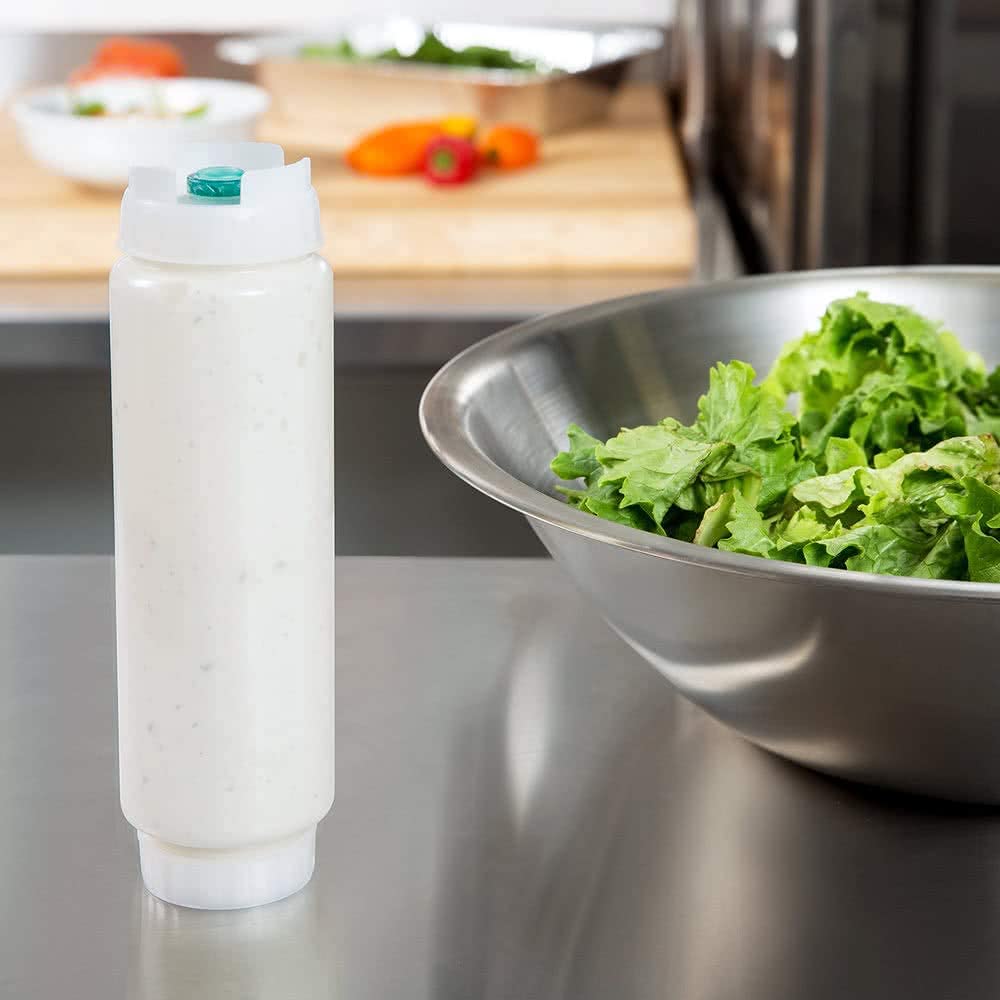 FIFO Squeeze Bottle Refillable 16 oz | Green Tip Small Valve Dispenser for Thin Condiments, Sauces, Batter and Dressing | Self Sealing No Drip No Hassle | (12 Pack)